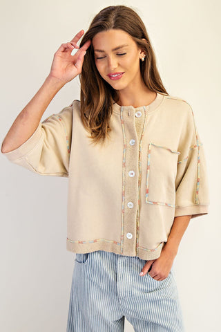 Enzyme Washed Terry Knit Button Down Top • French Vanilla