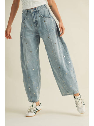 Studded Barrel Denim Pants • Light Denim