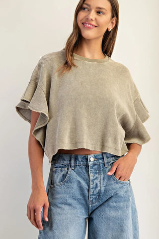Waffle Knit Tiered Flutter Sleeve Crop Top • Dry Herb