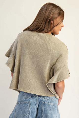 Waffle Knit Tiered Flutter Sleeve Crop Top • Dry Herb