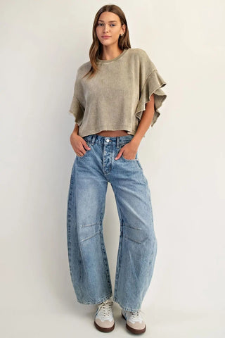 Waffle Knit Tiered Flutter Sleeve Crop Top • Dry Herb