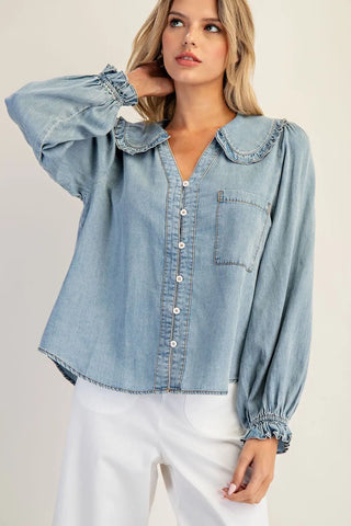 Carter Round Collar Button Down Blouse • Denim