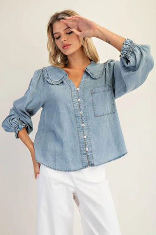 Carter Round Collar Button Down Blouse • Denim