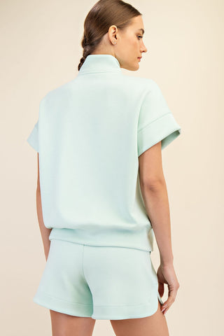 Rashida Modal Quarter Zip Short Sleeve Top • Soft Mint