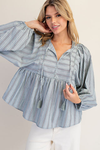 Maysie Striped Tie-Front Balloon Sleeve Blouse • Topiary