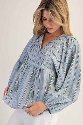 Maysie Striped Tie-Front Balloon Sleeve Blouse • Topiary