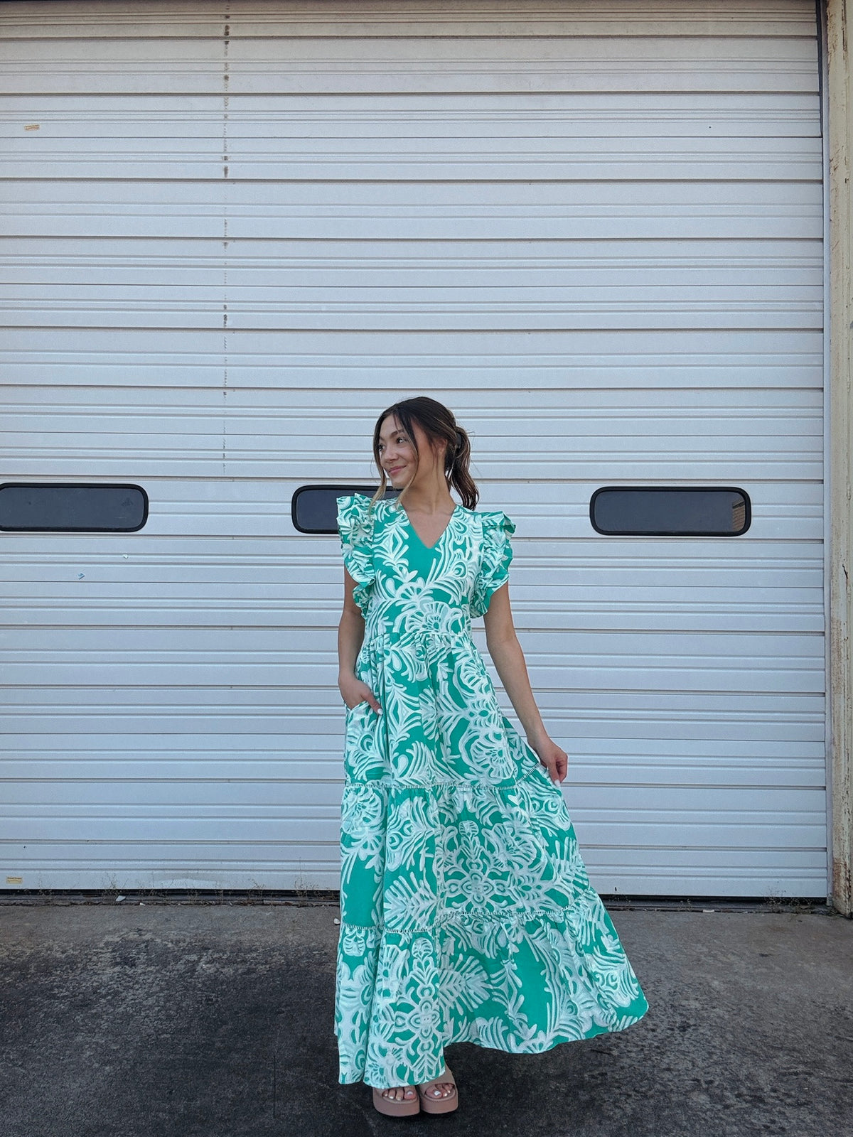 Ruffled Trim Tiered Maxi • Green Ferns