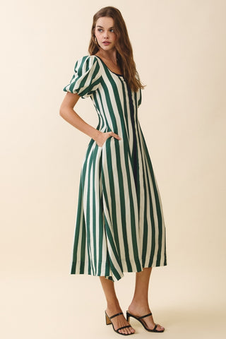 Be Bold Vertical Stripes Square Neck Midi Dress • Green