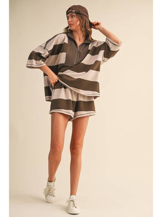 Stripe Me Away Oversized Top and Shorts Set • Brown