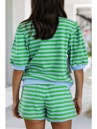 Retro Stripe Puff Sleeve Top Shorts Set