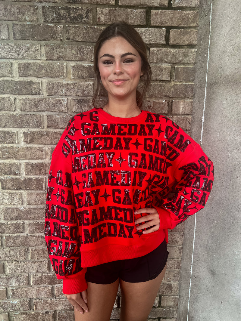 QOS Sequin Game Day All Over Sweatshirt • Red + Black