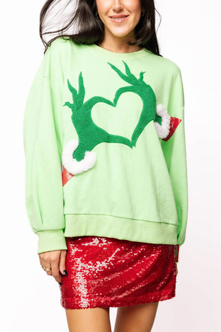 Queen of Sparkles Grinch Heart Hands Sweatshirt • Green