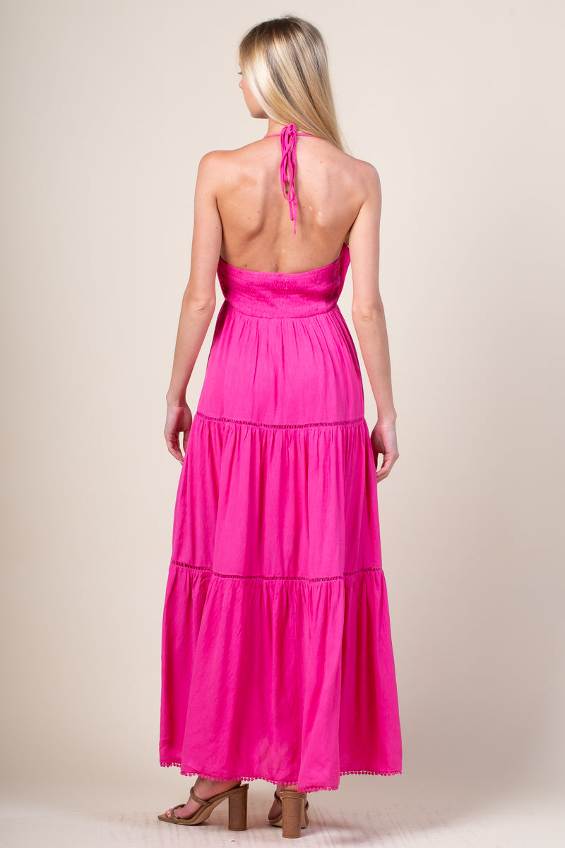 Mikki Halter Tiered Maxi Dress • Pink