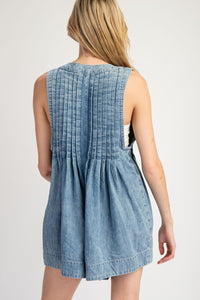 Mineral Washed Waist Tie Romper • Demin