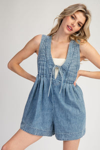 Mineral Washed Waist Tie Romper • Demin