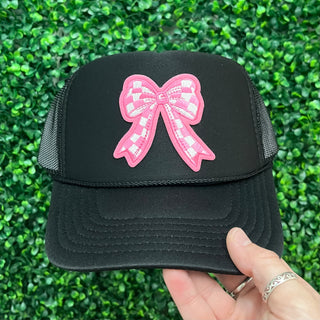 Checkered Cutesie Bow Trucker Hat • Black