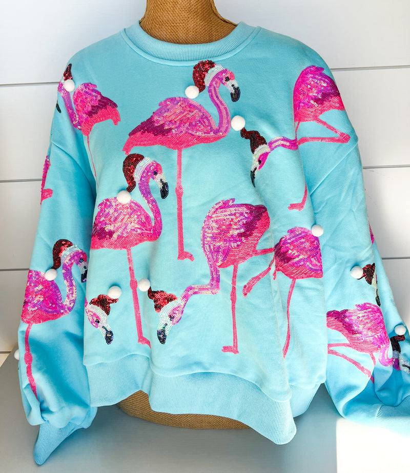 QOS Aqua Flamingo In Santa Hats Sweatshirt