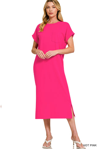 Blythe Short Sleeve Midi Dress • Hot Pink