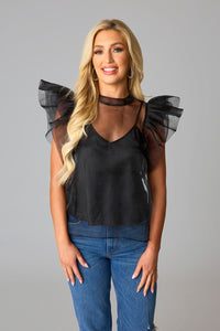 Kaycee Organza Ruffle Sleeve Top • Black