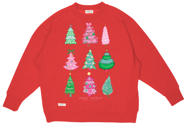 Christmas Tree Ribbed Crew Neck Top • Red