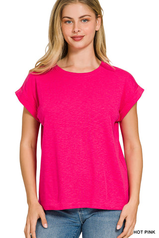 Kat Cotton Modal Slub Sleeve Tee • Hot Pink