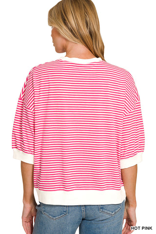 Buffy Striped Contrast Trim Top • Hot Pink