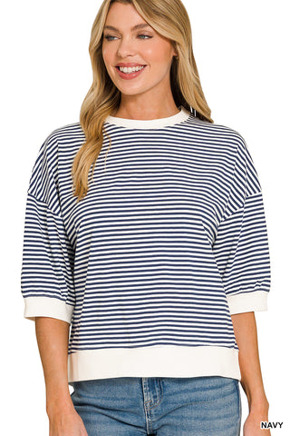 Buffy Striped Contrast Trim Top • Navy