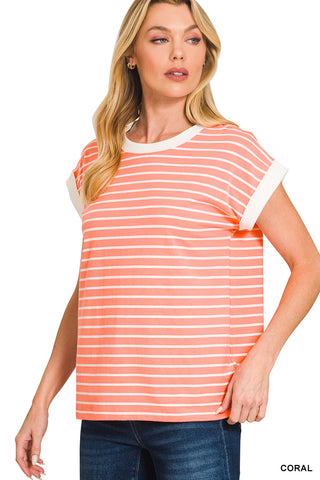 Oaklynn Contrast Trim Cap Sleeve Tee • Coral