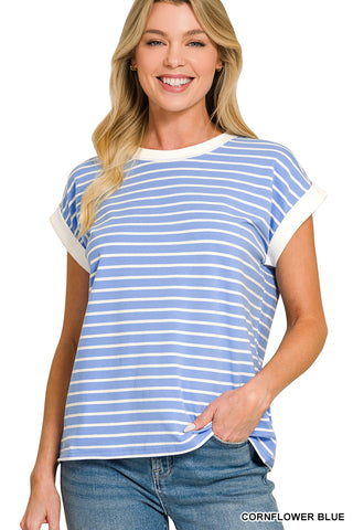 Oaklynn Contrast Trim Cap Sleeve Tee • Cornflower