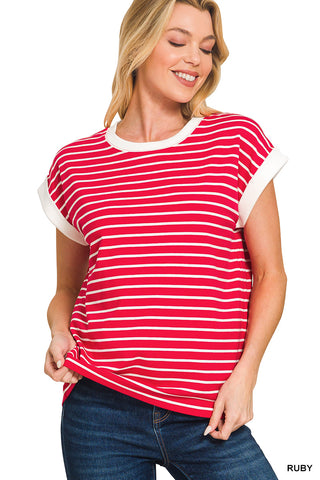 Oaklynn Contrast Trim Cap Sleeve Tee • Ruby