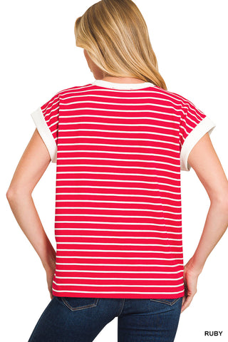 Oaklynn Contrast Trim Cap Sleeve Tee • Ruby