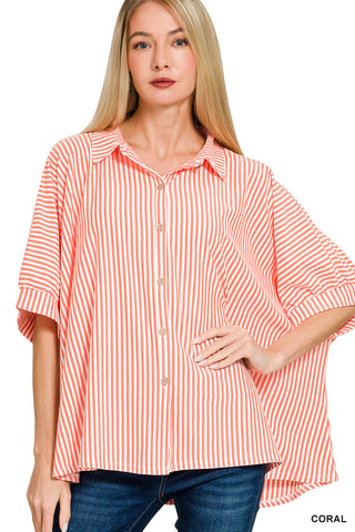 Stripes Away Oversized Button Down • Coral