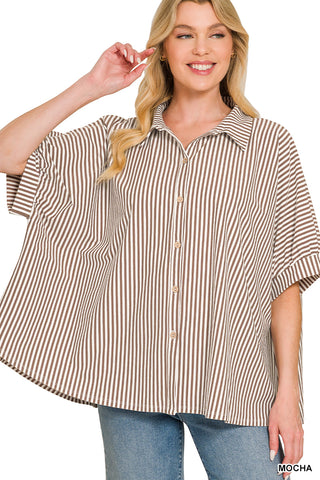 Livia Oversized Stripe Button-Down Top • Mocha
