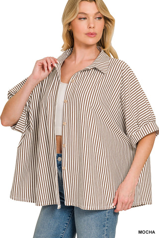 Livia Oversized Stripe Button-Down Top • Mocha