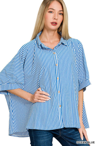 Stripes Away Oversized Button Down • Ocean Blue