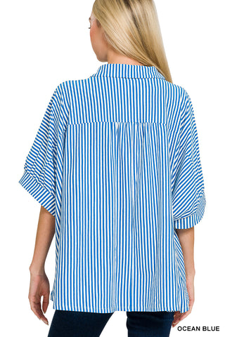 Stripes Away Oversized Button Down • Ocean Blue