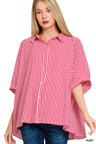Livia Oversized Stripe Button-Down Top • Ruby