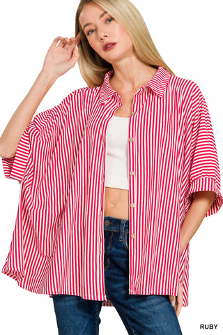 Livia Oversized Stripe Button-Down Top • Ruby