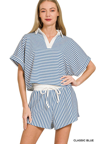 Kennedy Striped Collared Top & Short Set • Classic Blue