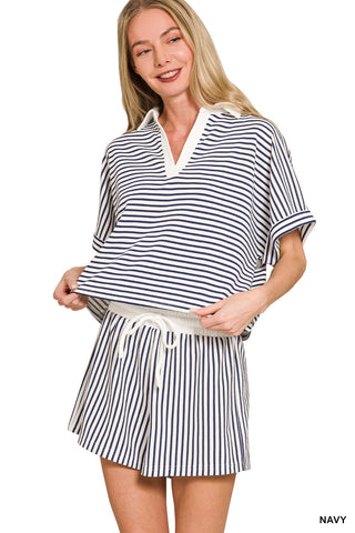 Kennedy Striped Collared Top & Short Set • Navy