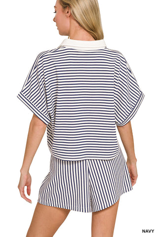 Kennedy Striped Collared Top & Short Set • Navy