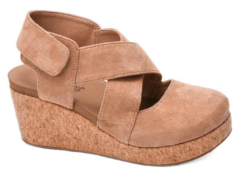 Case Closed Wedge Closed Toe Shoe • Camel Faux Suede