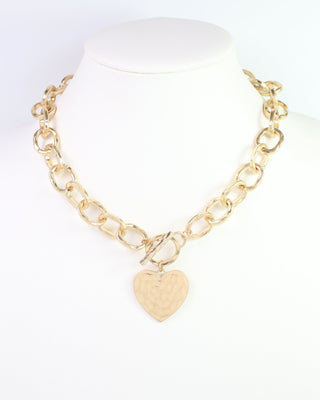 Emi Hammered Heart Charm Toggle Necklace • Worn Gold