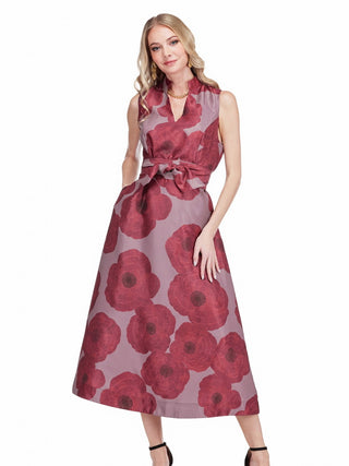 Stand Collar Fit & Flare 50" Dress • Crimson Poppy
