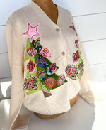 QOS Ivory Shell Christmas Tree Cardigan