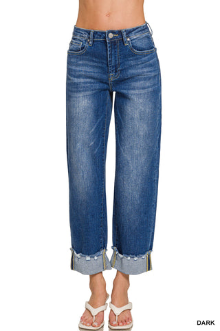 Brenna Wide Cuff Raw Hem Denim Jeans • Dark Wash