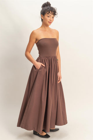 Jodie Strapless Flowy Midi Dress • Chocolate