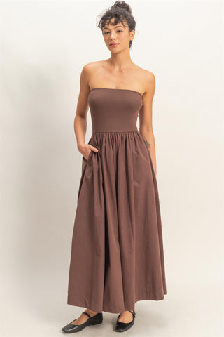 Jodie Strapless Flowy Midi Dress • Chocolate