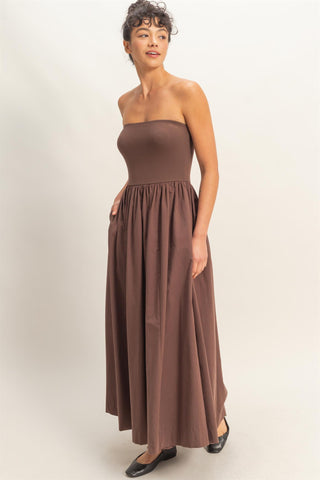 Jodie Strapless Flowy Midi Dress • Chocolate