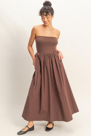Jodie Strapless Flowy Midi Dress • Chocolate